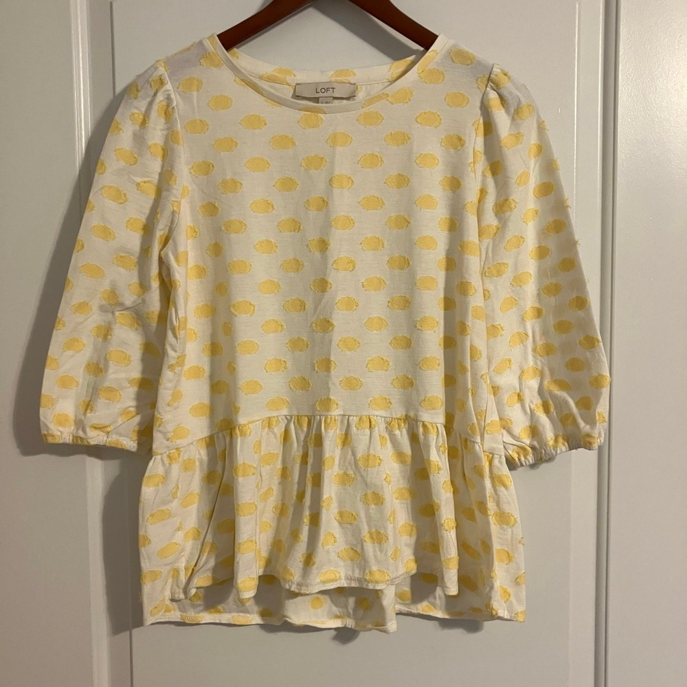 LOFT yellow &‎ white swiss dot peplum blouse with 7/8 puff sleeves women's sz S